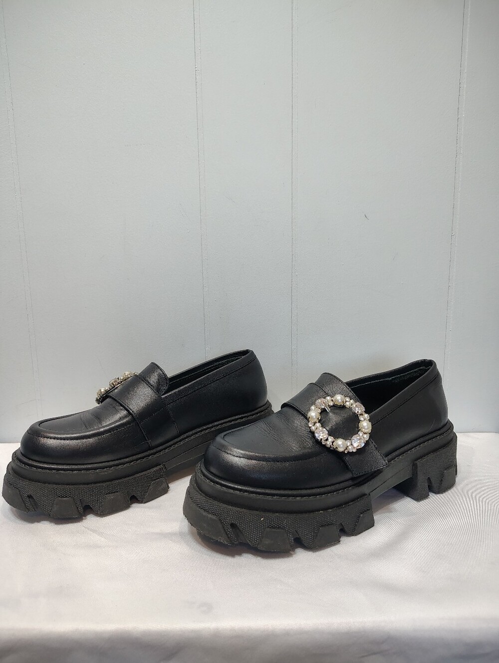 ALOHAS Trailblazer Black Crystal Pearl Chunky Leather Loafers EU 38 US 7.5 - Picture 2 of 10